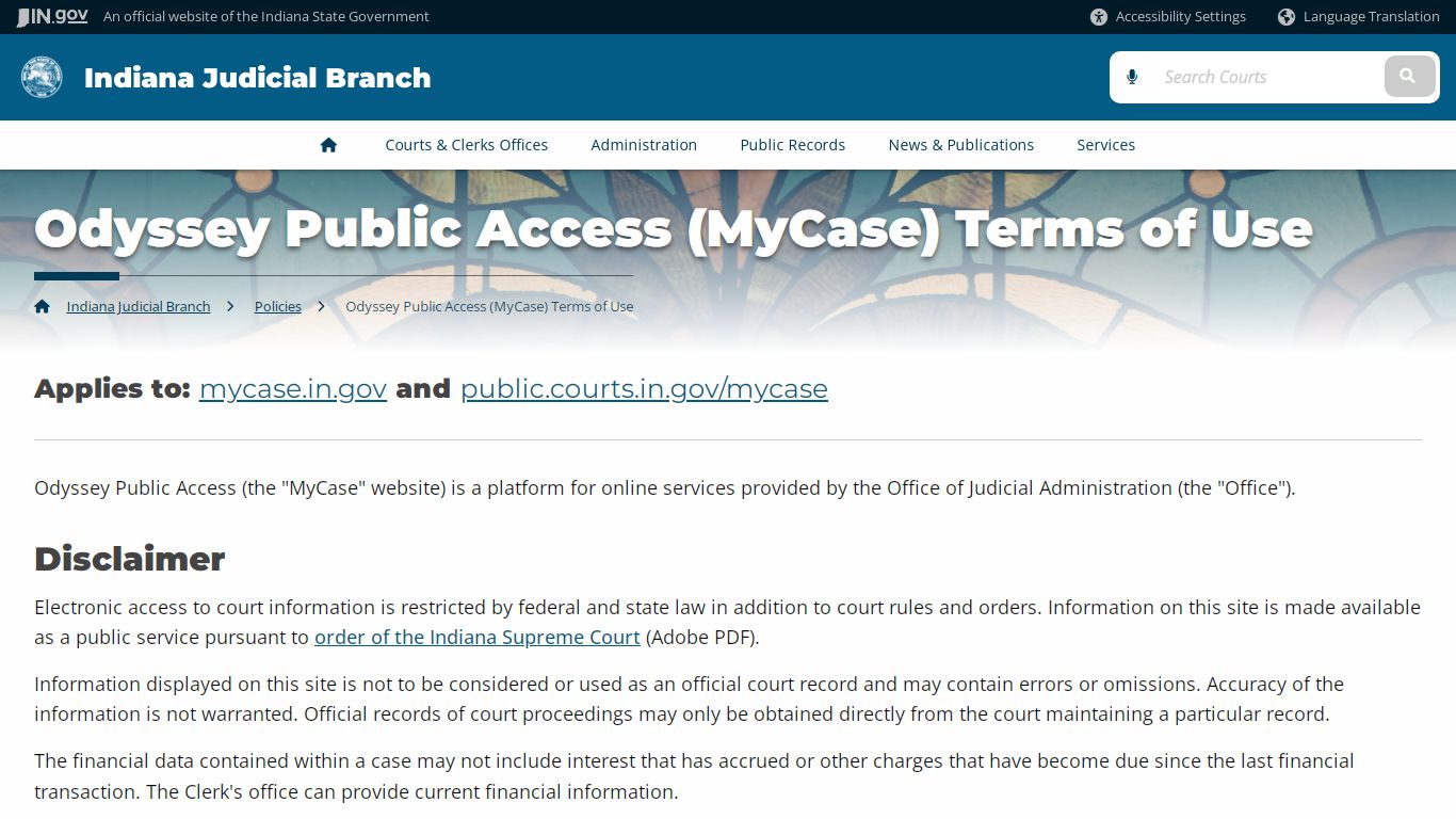 Odyssey Public Access (MyCase) Terms of Use - Courts